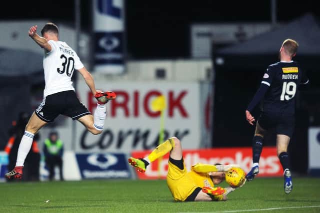 Ross Doohan rescued Ayr early on after a slip from ex-Bairn Aaron Muirhead.  Picture: Michael Gillen.