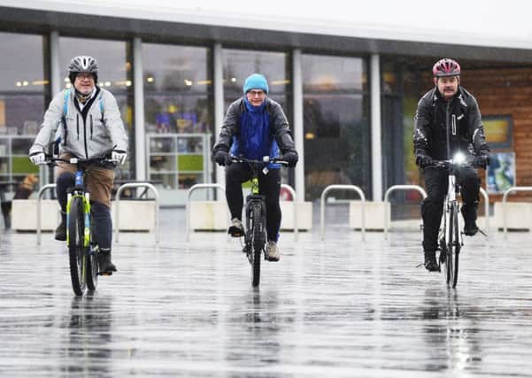 Despite the rain, the first meander cycle to the Kelpies was a big hit with Alan Dick, George Callahan and Andy Borland. (Pictures: Alan Murray)
