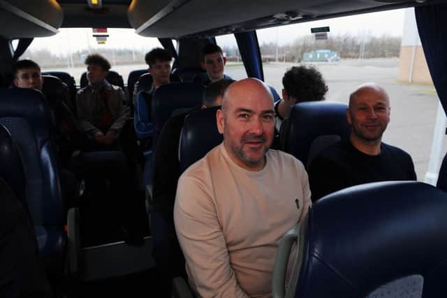 12-03-2019. Picture Michael Gillen. DINGWALL. Victoria Park, Global Energy Stadium. Ross County FC v Falkirk FC. SPFL Ladbrokes Championship. Fans on bus to Dingwall.