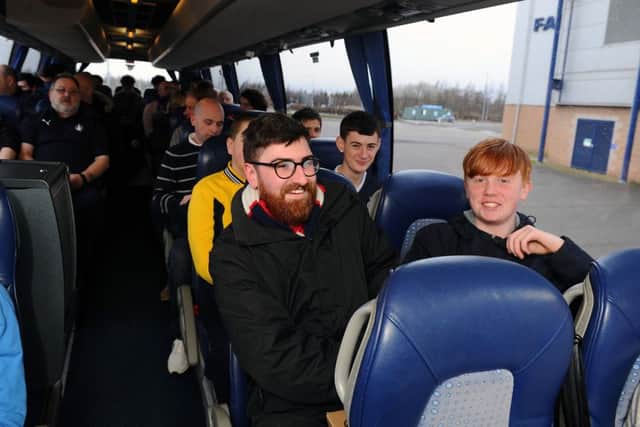 12-03-2019. Picture Michael Gillen. DINGWALL. Victoria Park, Global Energy Stadium. Ross County FC v Falkirk FC. SPFL Ladbrokes Championship. Fans on bus to Dingwall.