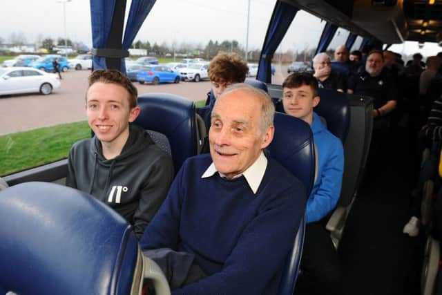 12-03-2019. Picture Michael Gillen. DINGWALL. Victoria Park, Global Energy Stadium. Ross County FC v Falkirk FC. SPFL Ladbrokes Championship. Fans on bus to Dingwall.