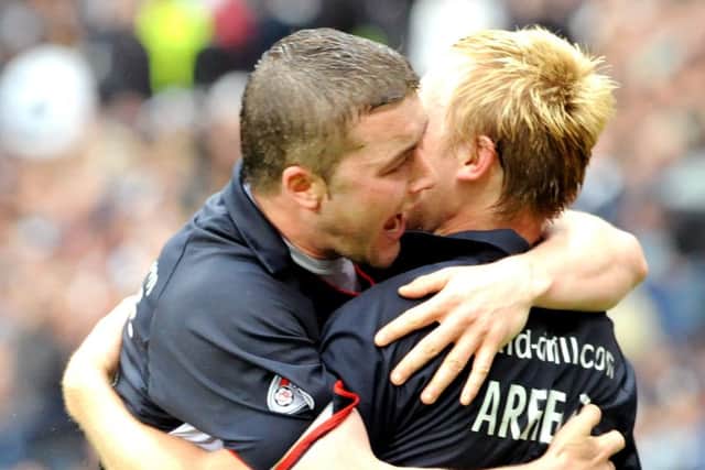 PIC LISA FERGUSON 26/04/2009FHSHOMECOMING SCOTLAND SCOTTISH CUP SEMI FINAL FALKIRK FC v DUNFERMILINE ATHLETIC FCFALKIRKS GOAL SCORERS TAM SCOBBIE AND SCOTT ARFIELD
