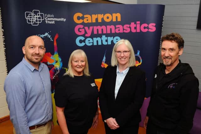 Cameron Reid, Active Schools Manager, FCT Team Leader for Sport and Leisure; Christina Mason, manager Stenhousemuir Gymnastics Club; Maureen Campbell, FCT Chief Executive and Brian Paterson, manager of Tryst Gymnatics Club.