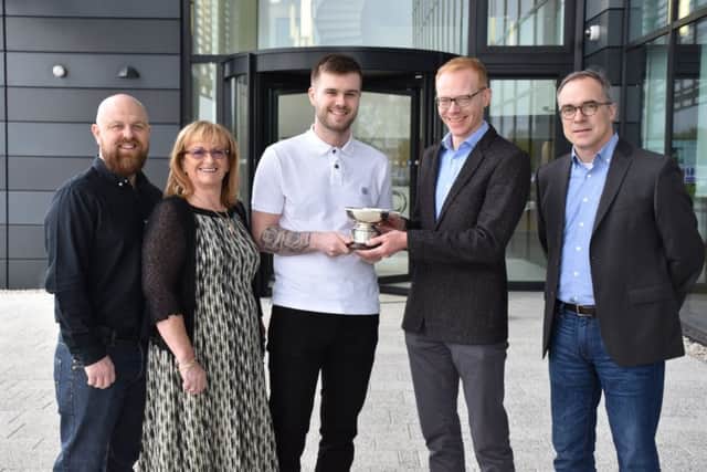 From left: Chris Hall, Jane Hall, Rhys Eddie, recipient of George Hall Achievement Award, Tobias Hannemann and Marcus Plevoets