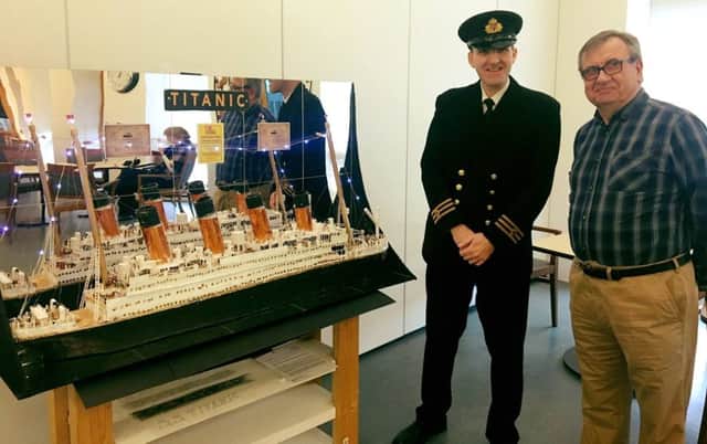 Sean Szmalc (left), director of Titanic Honour and Glory exhibition, with Bernard Matthews, a resident of the Scottish War Blinded centre in Linburn