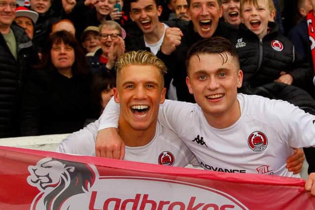 Tom Lang celebrates with Mark Lamont after Clyde's win at the weekend. Picture: Scott Loudon.