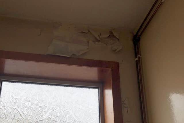 Picture shows peeling wallpaper in male staff toilets at Grangemouth Police Station