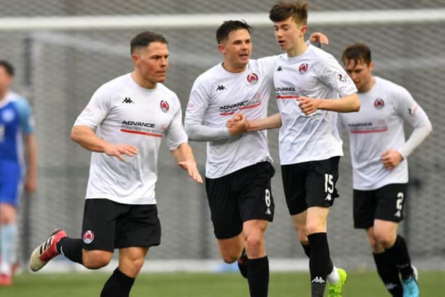 SCOTTISH LEAGUE 2CLYDE V PETERHEAD(DUNCAN BROWN)CLYDE'S  SCOTT BANKS (15) CELEBRATES HIS EQUALISER