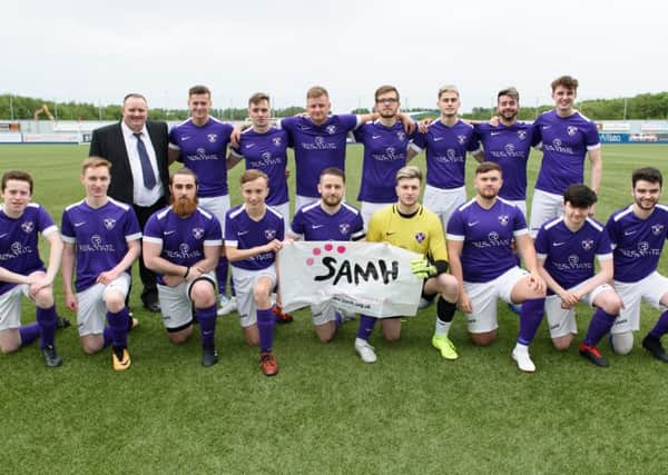 Scottish Youtubers raising money for SAMH. Team captain Craig Johnstone with squad ahead of charity game against Falkirk Foundation coaches