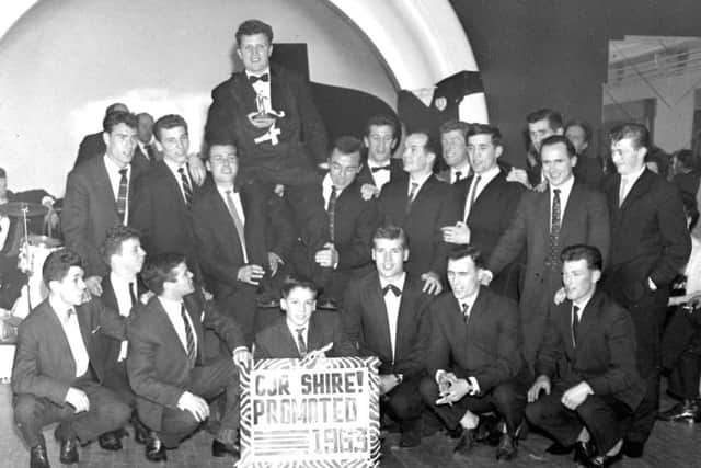 Ernie Collumbine. Captain of the East Stirlingshire side that won promotion to the top flight in 1963. He is on the shoulders of his team-mates. (picture: Bill Miller Photographers)