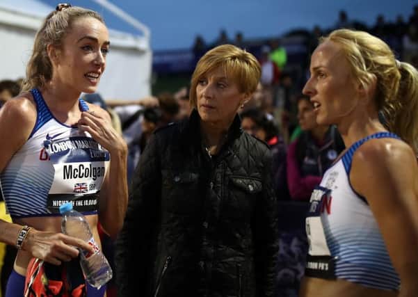 Eilish McColgan (l) of Great Britain talks to Liz McColgan (c) and Sarah Inglis (r) after the Women's European 10,000m Cup race during the 2019 Night of the 10,000m Pbs  (Photo by Bryn Lennon/Getty Images)