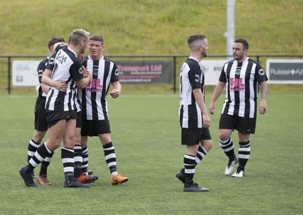 Dunipace celebrate goal in friendly win over Cambusbarron Rovers