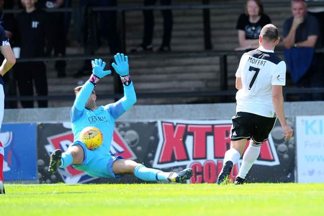 Cammy Bell made several good stops but had no chance with either Ayr goal. Picture Michael Gillen.