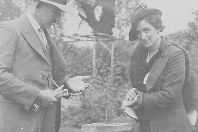 Ann and Bob at the sundial in the garden in Hollandbush - pictured before leaving Scotland for West Africa.