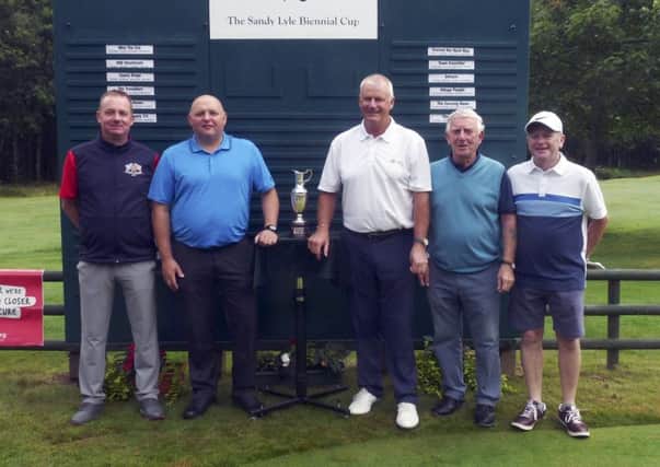 Falkirk golfers Bobby Bain, Andy Lapsley, & guests Jim Simpson & Robin Hulett.with Sandy Lyle at the Sandy Lyle Biennial Cup to raise more for brain tumour charity. The Falkirk team won it.