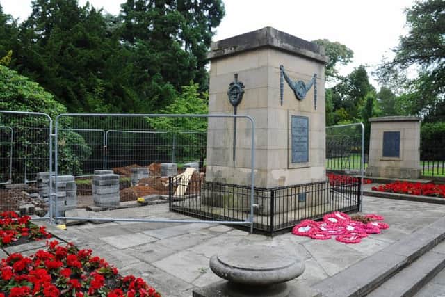 The war memorial in Dollar Park, currently the scene of important remedial work commissioned by the Friends of Falkirk War Memorial.