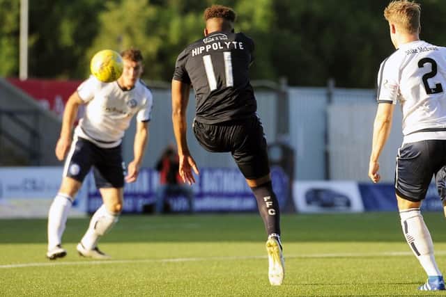 Myles Hippolyte hits a hat-trick for Falkirk in their 4-0 win over Forfar Athletic in the Betfred Cup. This strike his first with the outside of the boot.
