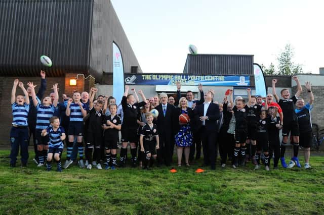 Sportscotland chairperson, Mel Young; Falkirk Council leader Cecil Meiklejohn; UK Goverenment Minister for Sport, Nigel Adams and Falkirk Community Trust chief executive, Maureen Campbell with the Hub groups and clubs. Picture: Michael Gillen.