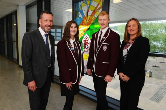 Head Teacher, Keith Webster; Rachel Laird, one of the Proxime Accessit; James Morrison, Dux and Juliana Marciano guest speaker.  Pic: Michael Gillen.