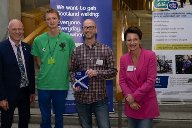 Falkirk Active Travel Hub representatives Clement McGeown and Ray Burr with Minister for Public Health, Sport and Wellbeing, Joe FitzPatrick MSP and BBC Scotland presenter Fiona Stalker