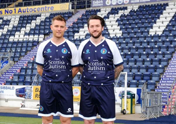 Stephen Manson former Falkirk player raising funds for Scottish Autism organising and playing in charity match at the Falkirk Stadium this Sunday with former Falkirk fans favourites including Daryl Duffy, Alan Gow and Darren Barr. . Pictured: Stephen Manson and Chris Moyes.