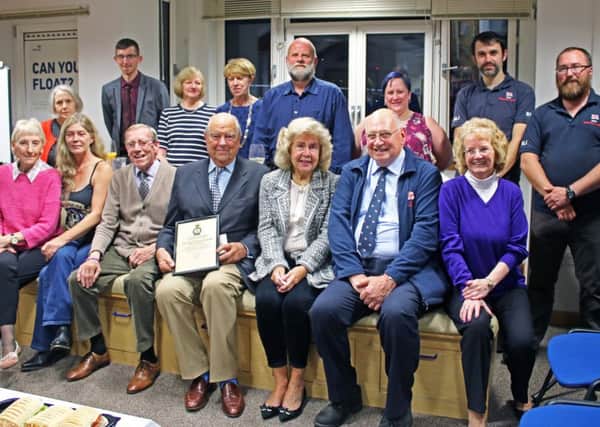 Pictured with Sir Jack and his wife Lady Lydia are a few of his RNLI colleagues (Back row l to r) Jacqui Horsburgh, Craig Maison, Liz Holmes, Kate Ball, David Smart, Jacqui Schofield, John Schofield, Graham Hughes, (Front row l to r) Morag Goulden, Trish Sutton,
David Steel, Sir Jack Stewart-Clark, Lady Lydia Stewart-Clark, Tom Robertson MBE and Joyce Smith.