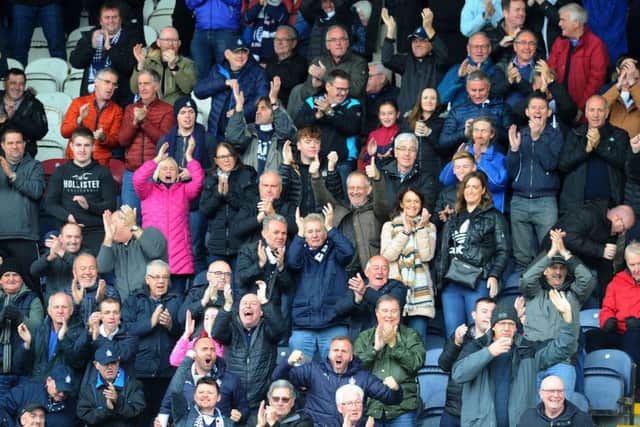 Falkirk goal, Louis Longridge 14. Falkirk fans celebrate.