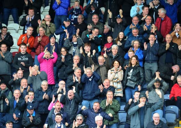 Falkirk goal, Louis Longridge 14. Falkirk fans celebrate.