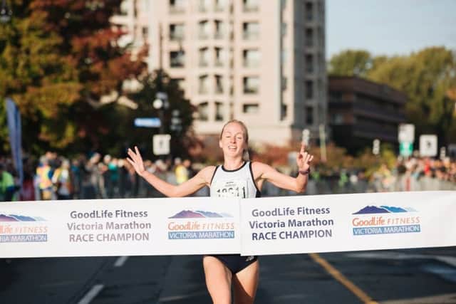 Lothian Running Club's GB internationalist Sarah Inglis retained her title in the Goodlife Fitness Victoria Marathon Festival 8k (pic: Brynn Feather Visuals)