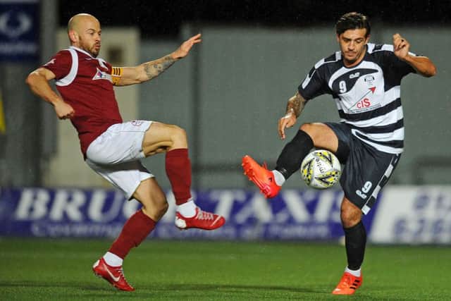 Kelty were the last visitors to face Shire at The Falkirk Stadium. Pictured are Gary Cennerazzo 2 and Matthew Flynn 9. Picture: Michael Gillen.