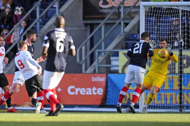 David Goodwillie 9 shot saved by Cammy Bell 1. Picture by Michael Gillen.