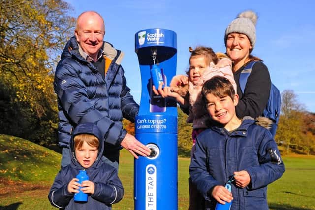 Pictured with the new tap are  Councillor Paul Garner with members of the Sinclair family from Denny - Lauchlan (4),  Merryn  (2),  Ewan (6) and mum Rachel.