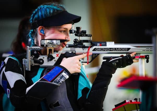 Scotland's Seonaid McIntosh competes during the women's 50m rifle 3 positions shooting final ( / AFP PHOTO / Patrick HAMILTON via Getty Images)