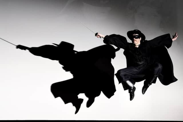Caped crusader Zorro, aka Kieran Ferguson from the Hippodrome team, helps launch the tenth  HippFest.  Pic: Lisa Ferguson.