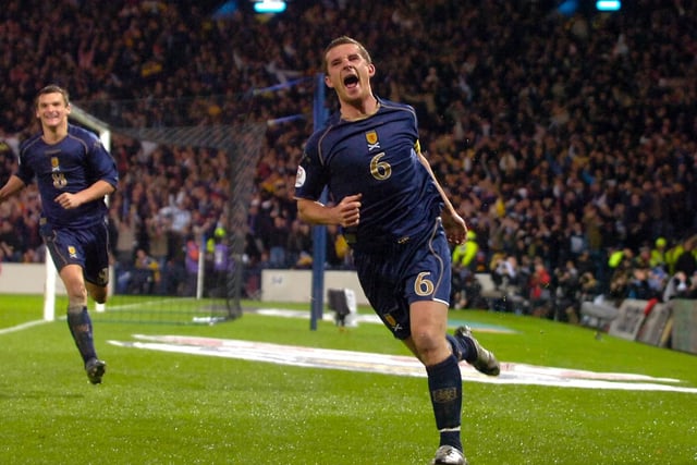 Barry Ferguson celebrates his equalising goal to make it 1-1 against Italy at Hampden Park